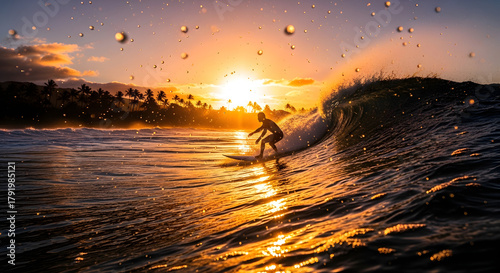 Fototapeta Naklejka Na Ścianę i Meble -  silhouette of a man walking on the beach, a surfer with his card board walking towards sea waves, the sign of courage a surfer moving towards sea, sea waves and surfer, surfer in sea on waves, 