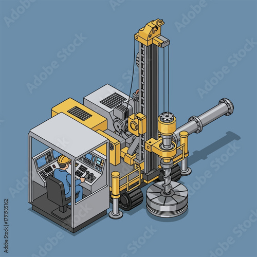 Isometric illustration of a heavy duty drilling rig with an operator in the control cabin.