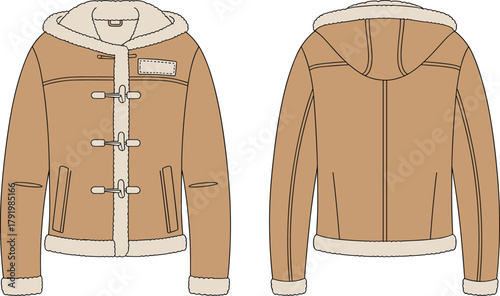Winter hooded jacket, toggle closure coat, fleece lining outerwear, fashion flat sketch, technical CAD drawing, apparel vector illustration, clothing design template, garment production