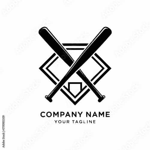 Crossed baseball bats over a home plate vector logo design.
