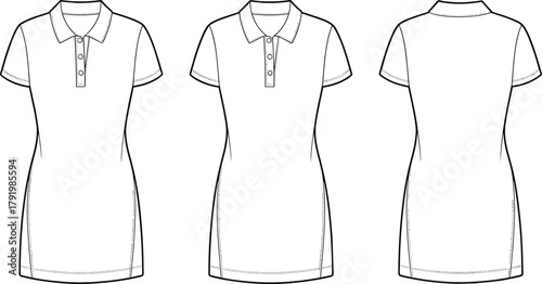 Women’s polo shirt dress, fashion flat sketch, technical CAD drawing, apparel vector illustration, clothing design template, garment production, fashion illustration