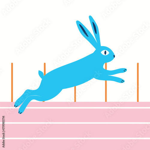 A blue rabbit is jumping over hurdles on a pink track, , in a cartoon style illustration