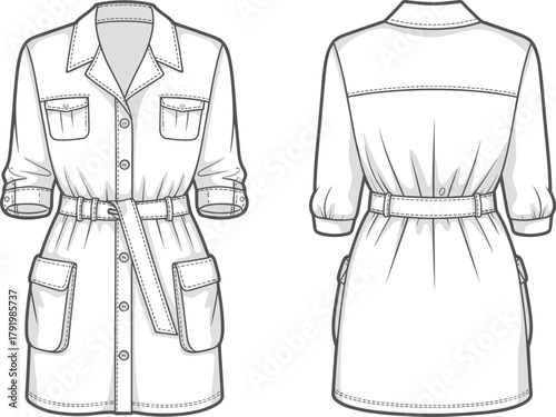 Women’s utility shirt dress fashion sketch, front and back view, collared neckline, belt waist, pockets, rolled sleeves, cad drawing flat vector illustration