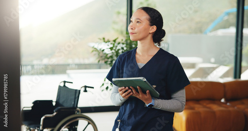 Obraz na płótnie Planning, tablet and thinking with nurse woman in home for healthcare or medical assistance
