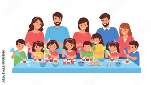 Sweet family moments of cupcake creation : A happy family united in the joy of baking and decorating cupcakes, creating sweet memories in a kitchen filled with laughter and love. 