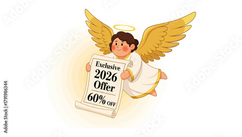 Exclusive Offer: An adorable angel figure, adorned with golden wings and a radiant halo, hoists a scroll showcasing a captivating offer with 60% discount for year 2026.