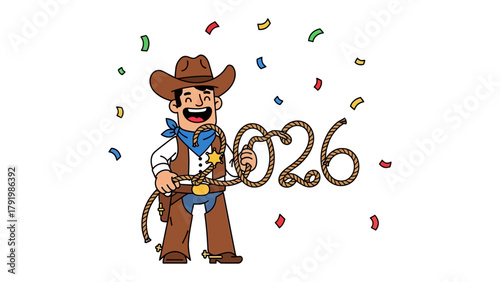 Rodeo Cowboy Celebration: A spirited cowboy stands, rope forming the numbers 2026, confetti swirling in the air, embodying the thrill of the rodeo and a sense of festive anticipation.