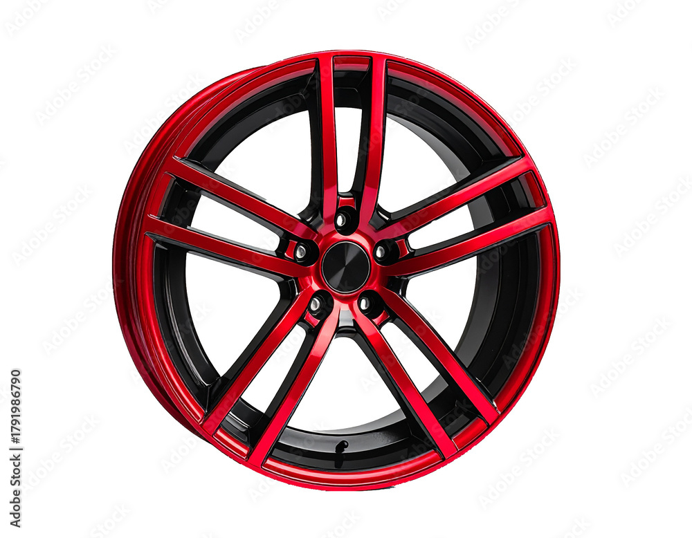 Obraz premium Modern Red and Black Alloy Car Wheel Rim Isolated on White Background
