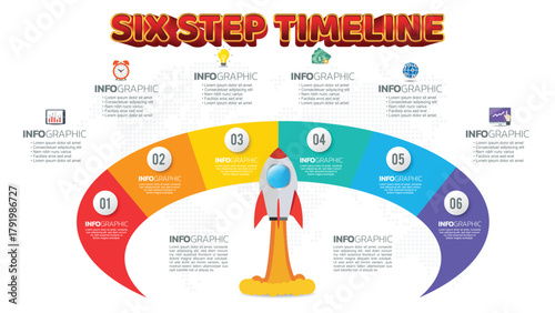 Colorful Rocket Launch Infographic With Six Step Timeline and Global Map Background for Business Growth, Startup Strategy, and Innovation Presentation