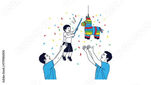 Pinata Fun and Celebration: A joyous moment captures a child's excitement as he smashes a colorful pinata during a lively celebration. His friends are happy.