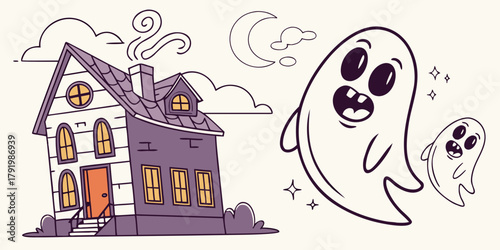 Cartoon haunted house with ghosts, moon, and clouds in a whimsical halloween illustration style design created with generated ai
