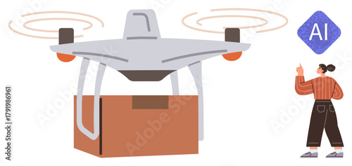 quadcopter carrying a package while a woman points to an AI icon, representing futuristic delivery, innovation, shipping logistics, smart automation, AI applications, e-commerce, and efficiency in