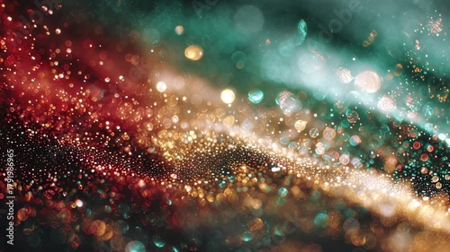 A colorful background with many small dots. The dots are of different colors and sizes. Abstract holiday texture background red green white gold glowing particles serene editorial