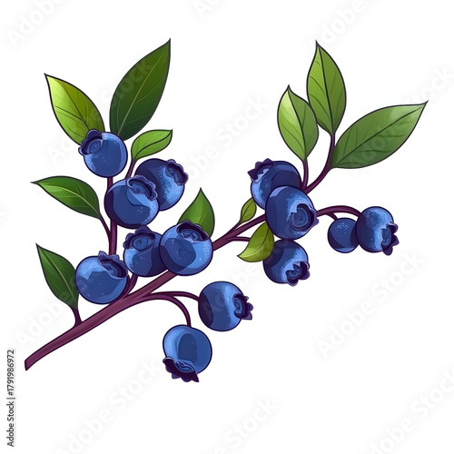 A branch of healthy, juicy blueberries in a cartoon style. Vector illustration of fresh blueberries with green leaves on a branch isolated on a white background.