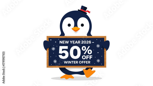 Penguin's New Year 2026 Winter Offer: A charming penguin announces a 50% discount for the upcoming New Year in winter, presenting a board with a promotional message.