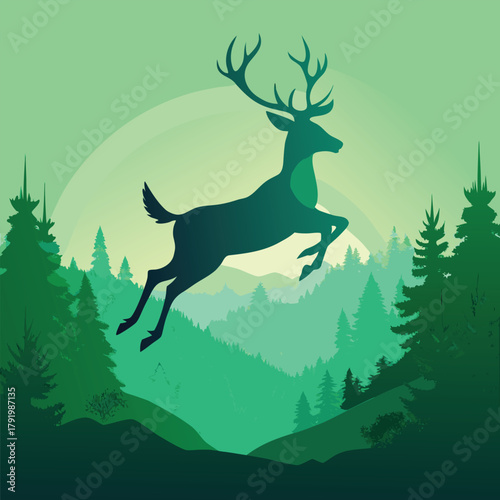 A majestic deer leaping through a lush green forest, surrounded by tall pine trees and rolling hills in a serene landscape