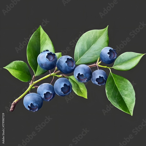 A branch of healthy, juicy blueberries in a cartoon style. Vector illustration of fresh blueberries with green leaves on a branch isolated on a white background.