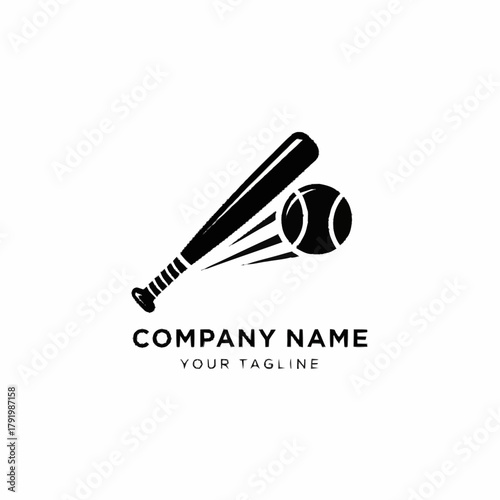 Baseball bat striking a ball with motion lines, logo design for sports team.