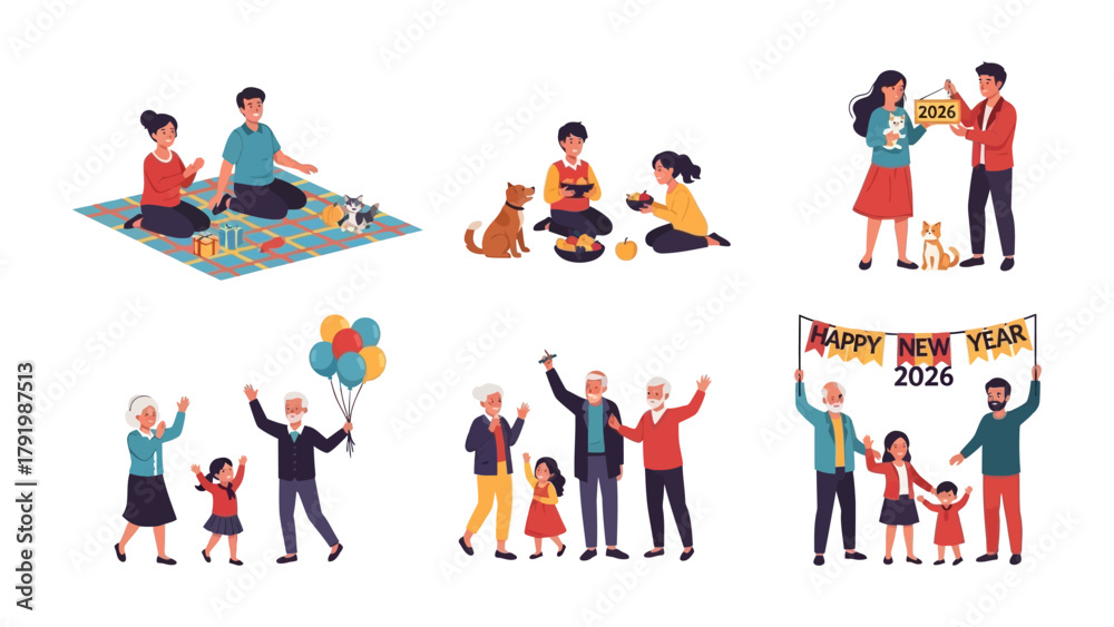 Fototapeta premium Family Moments and Festivities: A heartwarming collection of illustrations showcases the joy and togetherness of family life, with scenes of playful moments and cheerful celebrations. 