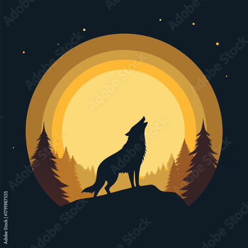 A lone wolf howls at the moon in a forest, under a starry night sky, creating a mystical atmosphere
