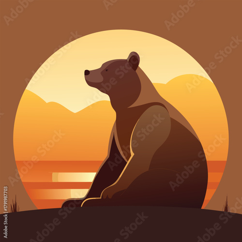 A majestic bear sits peacefully against a warm sunset backdrop, evoking a sense of calm and natural beauty