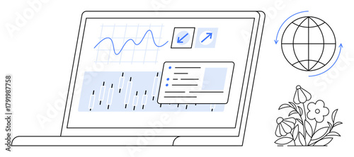 Laptop displaying analytical data charts, graph, and task menu. Globe with arrows and flowers emphasize balance between technology, global connection, and environmental sustainability. Ideal for data