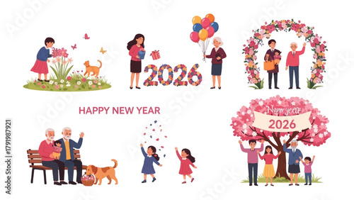 New Year's Celebration 2026: A vibrant and diverse collection of illustrations, capturing the spirit of celebration. Showcasing moments of joy, unity, and the welcoming of the year 2026.
