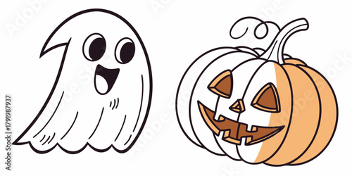 Cartoon illustration of a ghost with a happy expression and a jack o lantern for halloween season created with generated ai