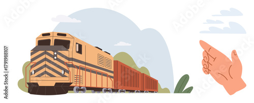 Locomotive hauling cargo wagons in nature scenery with a guiding hand gesture. Ideal for travel, transportation, logistics, direction, teamwork, support, guidance. Simple flat metaphor