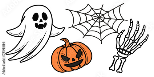 Halloween themed illustration featuring a ghost, pumpkin, spider web, and a skeleton hand design created with generated ai