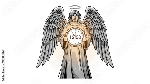 Celestial Keeper of Time: A serene angel, haloed with a golden glow, clasps a clock face, its hands pointing to noon. With majestic wings spread wide, it embodies the essence of time, peace.