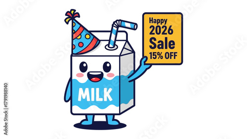 Milk's Festive Sale: A joyful carton of milk, adorned with a party hat and straw, gleefully announces a sale, offering a cheerful reminder of nutritious beverages and good times.