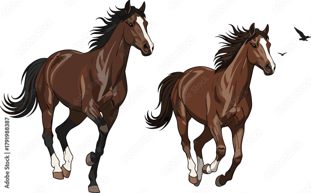 Naklejka premium Two brown horses running with birds in the sky galloping.eps