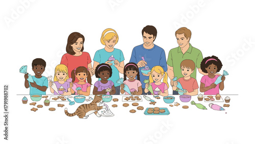 Baking Bonds: A heartwarming scene where parents and children gather around a table, united in the joy of baking and creating sweet memories together. 
