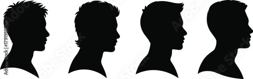 Black silhouette male head profiles, hairstyle vector icons collection, abstract haircut design set, stylish grooming illustration, cad drawing flat vector illustration