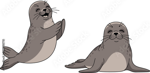  Two Happy Cartoon Seals One Clapping and One Resting.