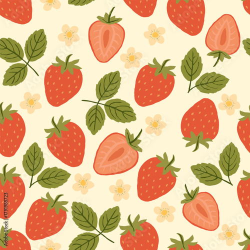 Seamless pattern of red strawberries and white flowers for fashion design, fabric, wallpaper and decorative prints on beige background.