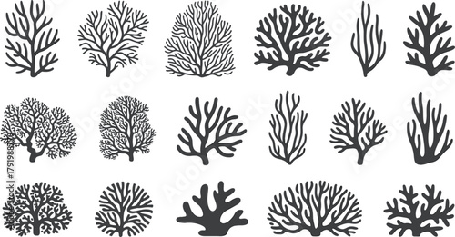 Coral silhouette collection, marine biology icons, ocean ecosystem design elements, underwater nature symbols, environmental education, cad drawing flat vector illustration