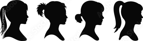 Female head silhouette collection, woman profile vector illustration, black isolated side view portraits, hairstyle variation concept design