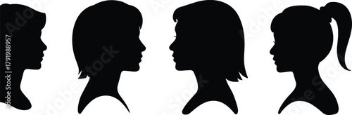 Female head profile silhouettes collection, woman face side view vector illustration, hairstyle variation, people portrait outline design