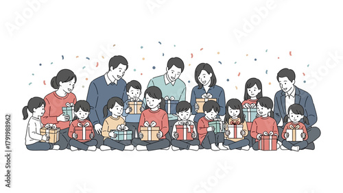 Joyful Family Gift Exchange: A heartwarming scene unfolds as a large family gathers, each member clutching a wrapped gift, creating a tableau of love and anticipation.