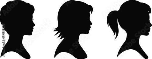 Female head silhouette collection, woman profile vector illustration, black side view portraits, hairstyle variation concept for beauty design
