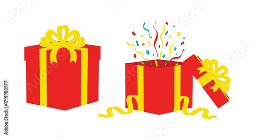 Two bright red gift boxes with yellow ribbon one open revealing colorful confetti and streamers