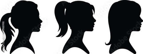 Female profile silhouette set, woman head side view illustration with ponytail and long hair, female portrait vector design