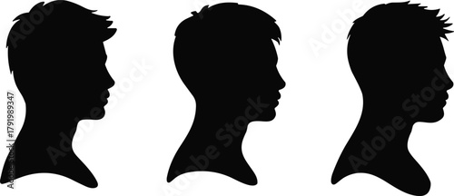 Male head silhouette collection, man profile vector illustration, black side view portraits, hairstyle variation concept for design