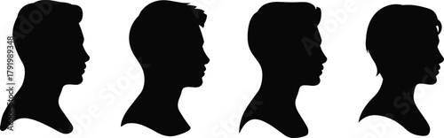 Male head silhouette collection, man profile vector illustration, black isolated side view portraits, hairstyle variation concept design