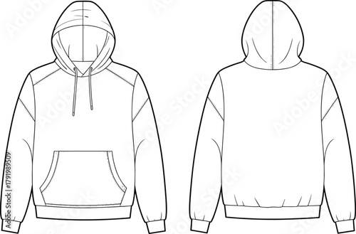 Unisex hoodie fashion CAD flat vector illustration, front and back technical sketch, blank clothing template, streetwear apparel design mockup, garment pattern drawing