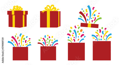 Collection of red gift boxes with colorful confetti bursting out for celebrations and parties