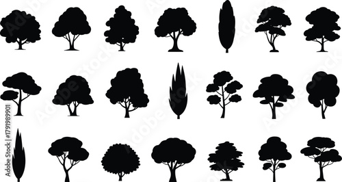 Tree silhouette collection, diverse forest canopy icons, black vector foliage shapes, cad drawing flat illustration, minimal nature landscape design graphic set