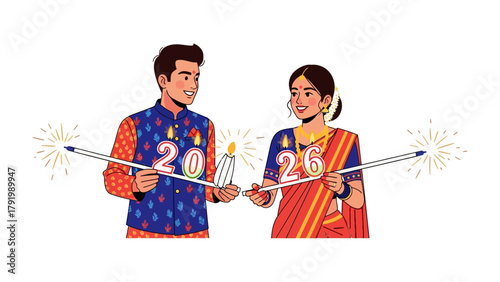Celebratory Sparks: A couple, dressed in traditional attire, ignites sparklers, ushering in the year with festive glee and anticipation of the coming year 2026.